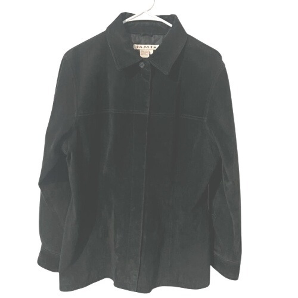 Women's Black A.M.I. 100% Leather Button Down Long Sleeve Shacket Size Large